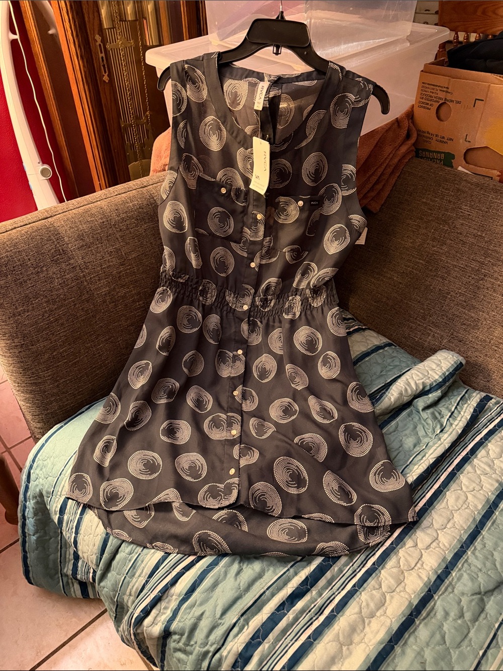 RVCA Navy Sleeveless Midi Dress with Cream Swirl Print